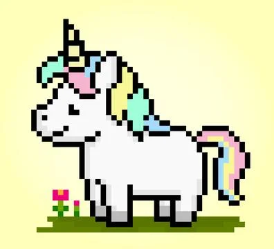 8 bits of colorful unicorn pixels. Fairytale animals for game icons. Illustrazione stock