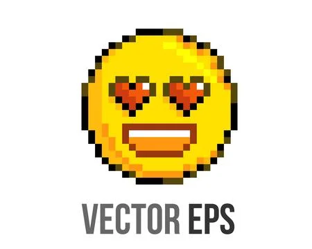8 bits pixel art yellow happy big smiley face icon with heart eyes Stock Illustration
