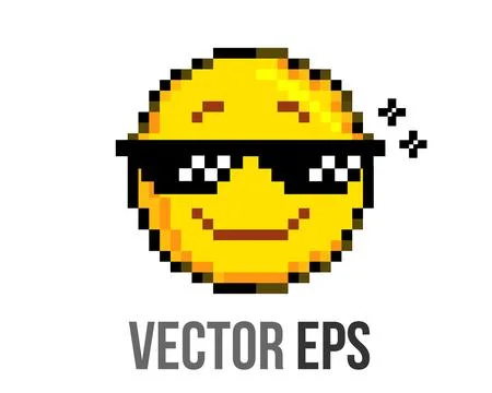 8 bits pixel art yellow happy big smiley face icon with retro sunglasses eyes Stock Illustration