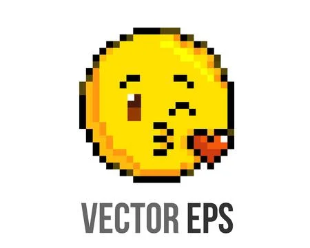 8 bits pixel art yellow winking face icon with puckered lips blowing kiss hea Illustrazione stock