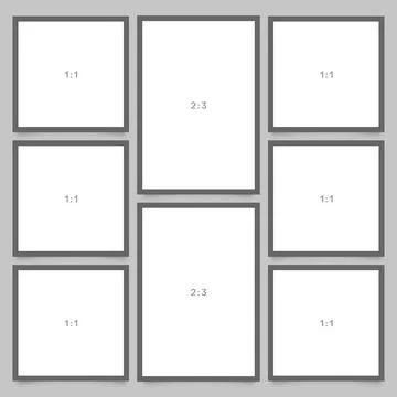 8 Blank Photo Frames Collage Mockup Vector, 1:1 Square and 2:3 Vertical Rec.. Stock Illustration