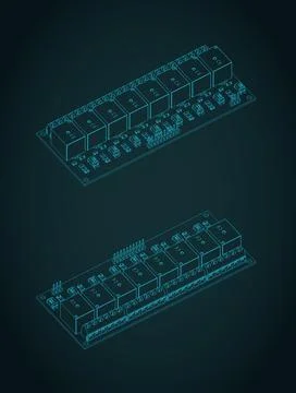 8 Channel relay module board isometric blueprints Stock Illustration