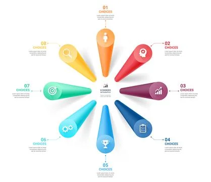 8 Choices 3D Infographic Background with Colorful Cone Elements Stock Illustration