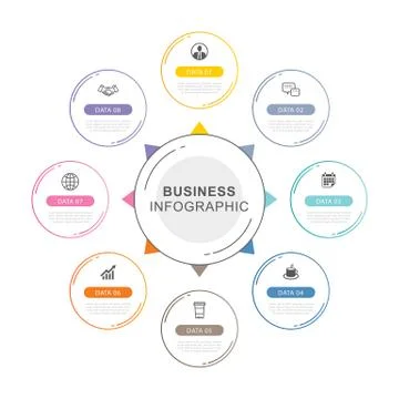 8 circle data timeline infographics template with thin line design. Vector il Stock Illustration