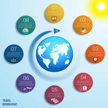 8 colored circles numbered with space for text around the world map Stock Illustration