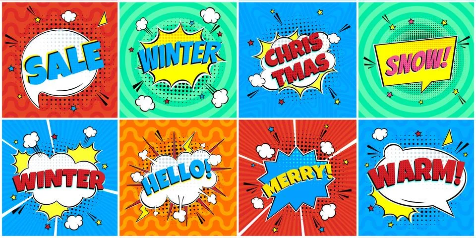 8 Comic Winter Lettering In The Speech Bubbles Comic Style Flat Design. Stock-Illustration