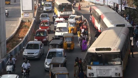 8-High-Angle-View-busy-bus-stop-people-traffic Video stock 89420013