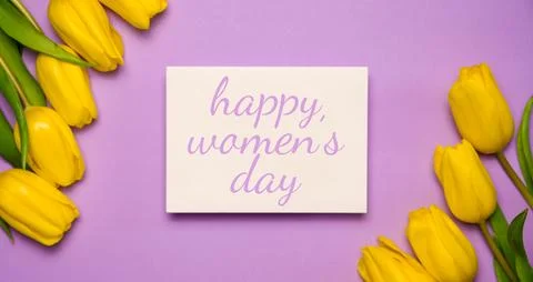 8 march flat lay in yellow and purple colors. Happy woman's day card Stock Photos