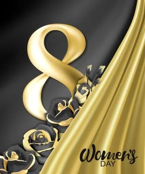 8 march postcard. Digit eight made of gold on black background. Glowing Stock Illustration