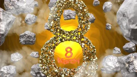 8 March symbol. Figure of eight made of golden gem blocks flying in the spa.. Stock Illustration