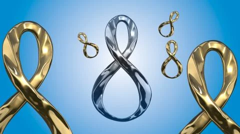 8 March symbol. Figure of eight made of cast gold platinum or silver flying in Stock Illustration