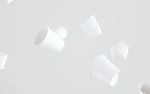 8 oz. Paper Coffee Cup Mockup Without Lid - Multiple Floating Cups. 3D Illust Stock Illustration