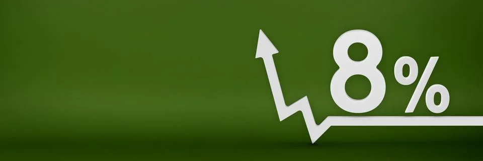 8 percent. The arrow on the graph points up. Rising prices, inflation, increase Stock Illustration