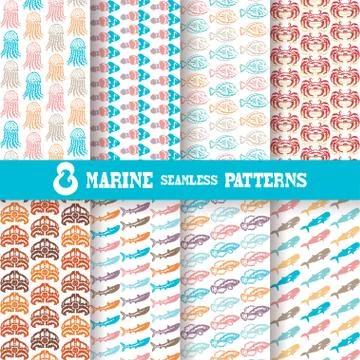 8 seamless marine, summer patterns.  Scrapbooking, print, cards, invitations Stock Illustration