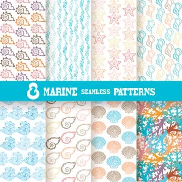 8 seamless marine, summer patterns.  Scrapbooking, print, cards, invitations Stock Illustration