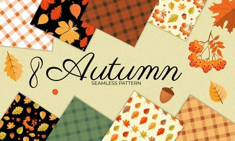 8 Seamless Pattern Collection Set Background with Falling Autumn Leaves.Vecto Stock Illustration
