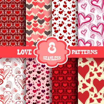 8 seamless patterns with decorative hearts, for invitations, cards, scrapbooking Stock Illustration