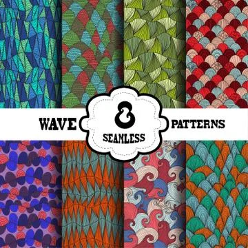 8 seamless patterns with waves, for invitations, cards, scrapbooking, print Illustrazione stock
