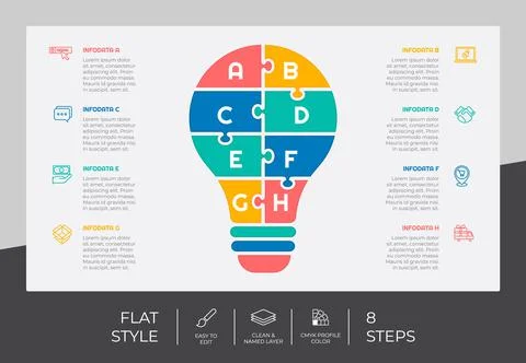 8 steps of flat infographic vector design with puzzle concept for marketing.  Stock Illustration
