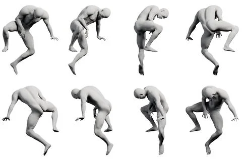 8-view collage figure model climbing frame white studio Stock Illustration