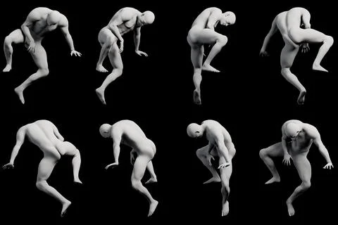 8-view collage figure model climbing frame black studio Stock Illustration