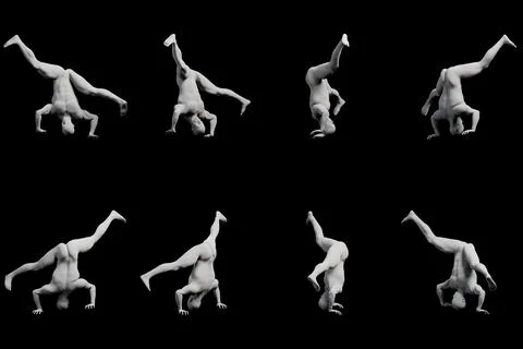 8-view collage figure model doing handstands against black backdrop Stock Illustration