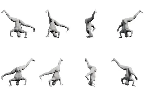 8-view collage figure model doing handstands against white backdrop Stock Illustration