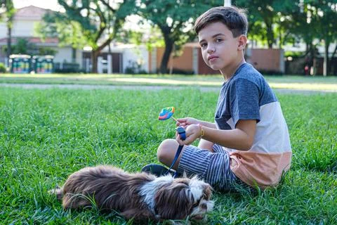 8 year old boy sitting on the lawn next to his pet, lollipop in hand and faci Stock Photos
