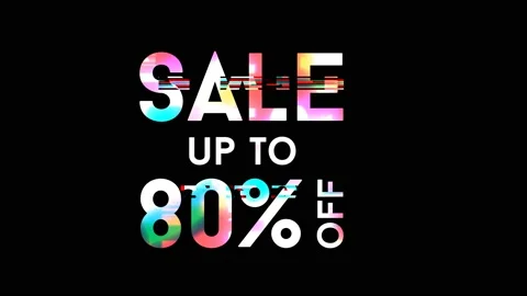 80% discount on a black background, glitch effect, bright multicolored paints. Stock Footage 145146146