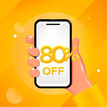 80 or Eighty percent off design. Hand holding a mobile phone with offer message. Stock Illustration