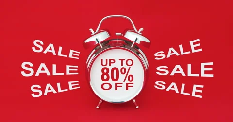 Up to 80 % off sale text animation on alarm clock face Video stock 224054341