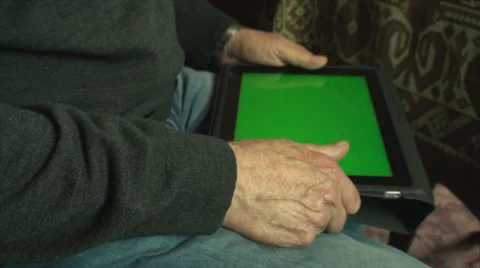 80 Years Old Man Learning To Use A Tablet PC, With Green Screen, Hand Detail Stock Footage 39835874