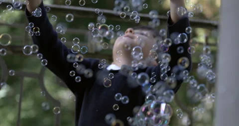 800fps Capture of Delighted Child Immersed in Countless Soap Bubbles Video stock 254789155
