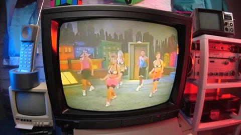 80s 90s Retro Aerobic Training on Vintage CRT TV Screen Stock Footage