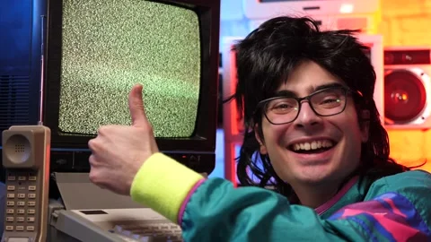 80s 90s Retro Computer Geek Giving a Thumbs Up Smiling Stock Footage 151221109