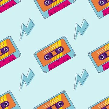 80s, 90s retro elements. Pattern with audio cassettes and geomitrical element Illustrazione stock