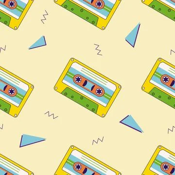 80s, 90s retro elements. Pattern with audio cassettes and geomitrical element Illustrazione stock