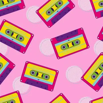 80s, 90s retro elements. Pattern with audio cassettes and geomitrical element Illustrazione stock