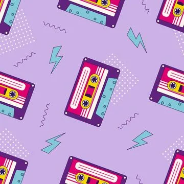 80s, 90s retro elements. Pattern with audio cassettes and geomitrical eleme.. Stockillustratie