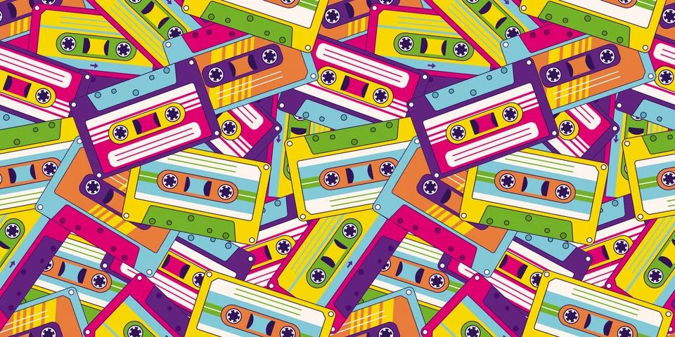 80s, 90s retro elements. Pattern with audio cassettes and geometrical element Stockillustratie