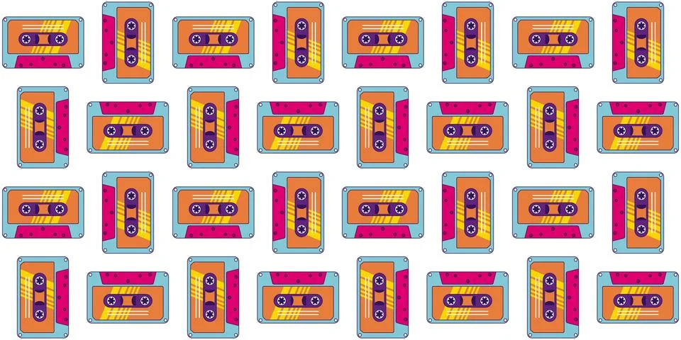 80s, 90s retro elements. Pattern with audio cassettes and geometrical eleme.. 库存插图