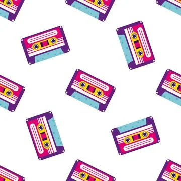 80s, 90s retro elements. Pattern with audio cassettes and geometrical element Stock Illustration