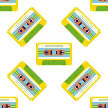 80s, 90s retro elements. Pattern with audio cassettes and geometrical element Stock Illustration