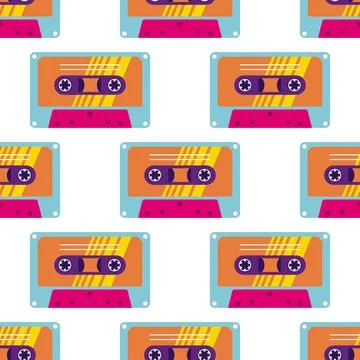 80s, 90s retro elements. Pattern with audio cassettes and geometrical element Stock Illustration