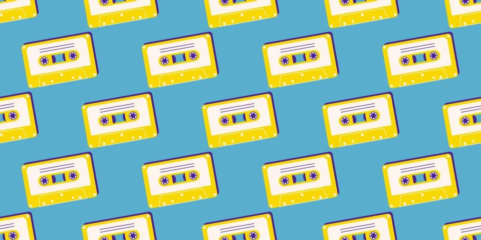 80s, 90s retro elements. Pattern with audio cassettes and geometrical eleme.. Stock Illustration
