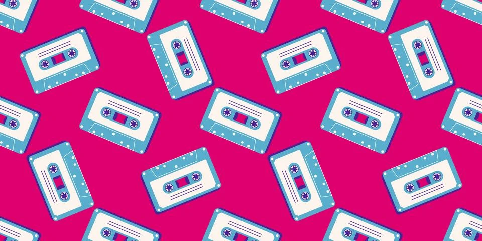 80s, 90s retro elements. Pattern with audio cassettes and geometrical eleme.. Stock Illustration