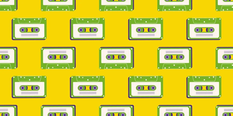 80s, 90s retro elements. Pattern with audio cassettes and geometrical eleme.. Illustrazione stock