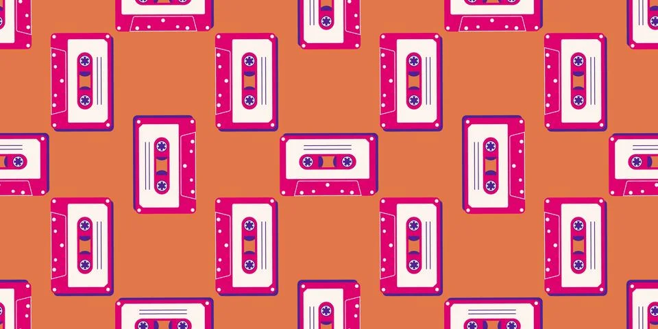 80s, 90s retro elements. Pattern with audio cassettes and geometrical eleme.. Stock Illustration