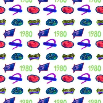 80s-90s style seamless pattern for fashion. watercolor hand drawn style isola Stock Illustration