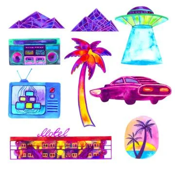 80s-90s symbol object set. Vivid colors watercolor illustration isolated on w Stock Illustration